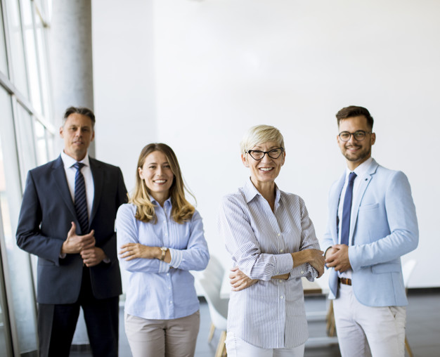 Group of a businesspeople standing together in the office with their mature female bussines leader